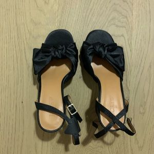 jcrew black satin block heel with bow detail